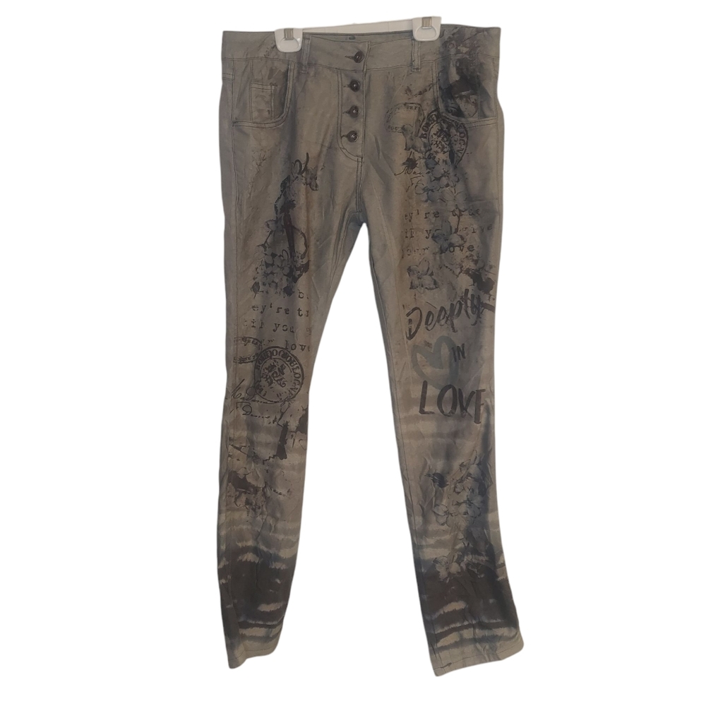 Printed Graphic Art Jeans Italian Button Fly  Mid-Rise 34 Waistband